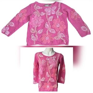 Sigrid Olsen Pink Multi Hand Knitted Floral Sweater Y2K Size Medium Petite